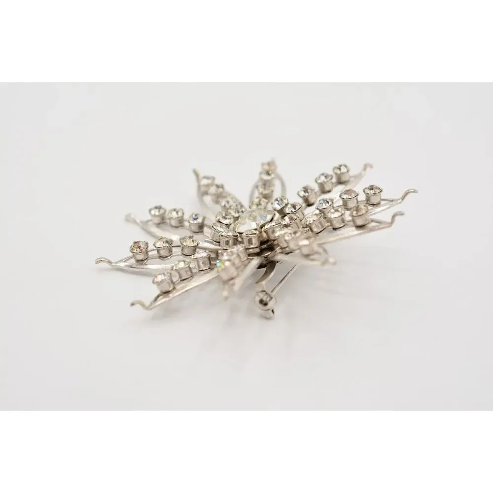 Vintage Crystal Flower Pin Brooch Baguette Prong Rhinestone Silver 1960s BinAL